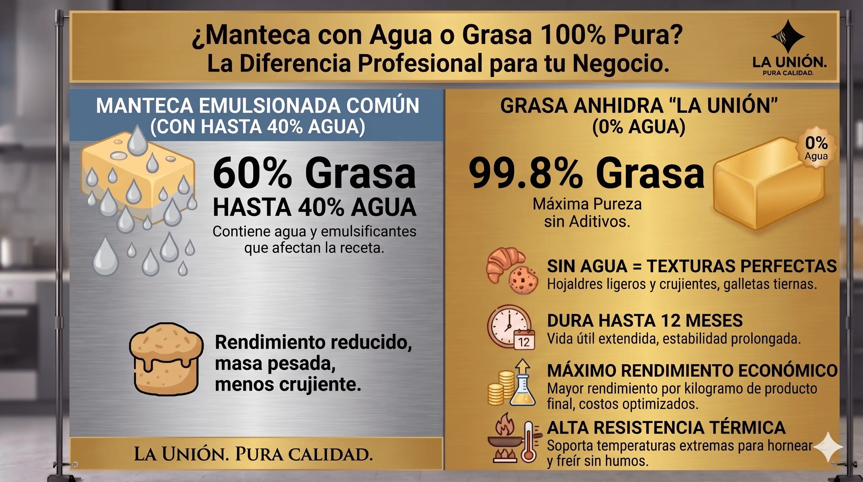 Comparación de rendimiento — grasa 100% pura frente a manteca emulsionada con agua